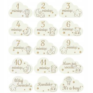 Drewniane Tabliczki Miesiące do Zdjęć Pierwszy Rok Chmurki Misie Białe