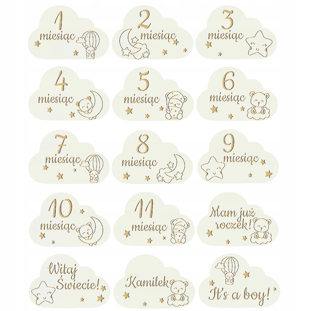 Drewniane Tabliczki Miesiące do Zdjęć Pierwszy Rok Chmurki Misie Białe Drewniane Tabliczki Miesiące do Zdjęć Pierwszy Rok Chmurki Misie Białe