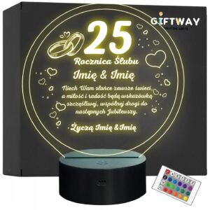 Lampka Nocna LED Statuetka Pamiątka 25 Rocznica Ślubu Prezent Grawer