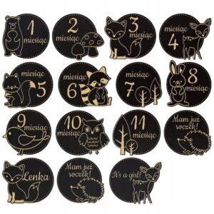 Drewniane Tabliczki Miesiące do Zdjęć Dziecka Pierwszy Rok Zwierzaki Czarne