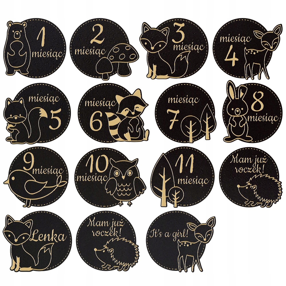Drewniane Tabliczki Miesiące do Zdjęć Dziecka Pierwszy Rok Zwierzaki Czarne Drewniane Tabliczki Miesiące do Zdjęć Dziecka Pierwszy Rok Zwierzaki Czarne