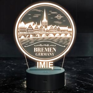 Lampka Nocna LED Statuetka Podróże Miasto Bremen Niemcy na Prezent Grawer