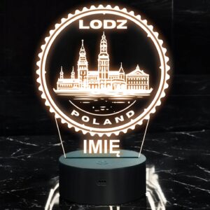 Lampka Nocna LED Statuetka Podróże Miasto Łódź Polska na Prezent Grawer