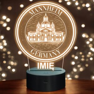 Lampka Nocna LED Statuetka Podróże Miasto Mannheim Niemcy na Prezent Grawer