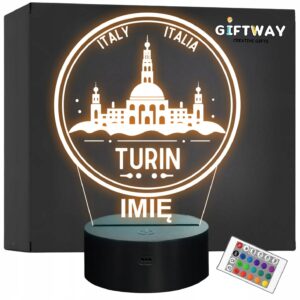 Lampka Nocna LED Statuetka Podróże Miasto Turin Włochy na Prezent Grawer