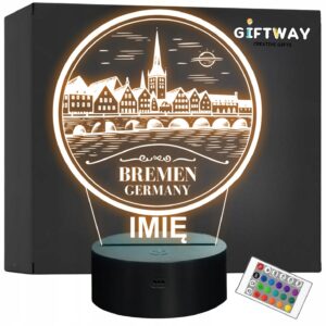 Lampka Nocna LED Statuetka Podróże Miasto Bremen Niemcy na Prezent Grawer