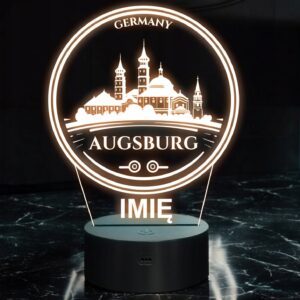Lampka Nocna LED Statuetka Miasto Podróże Augsburg Niemcy na Prezent Grawer