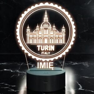 Lampka Nocna LED Statuetka Podróże Miasto Turin Włochy na Prezent Grawer v.2