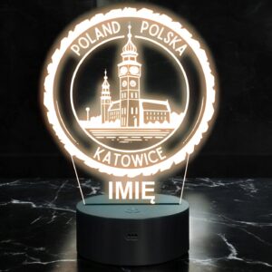 Lampka Nocna LED Statuetka Podróże Miasto Katowice Polska na Prezent Grawer