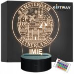 Lampka Nocna LED Statuetka Podróże Miasto Amsterdam Holandia Prezent Grawer