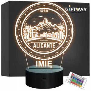 Lampka Nocna LED Statuetka Podróże Miasto Alicante Hiszpania Prezent Grawer