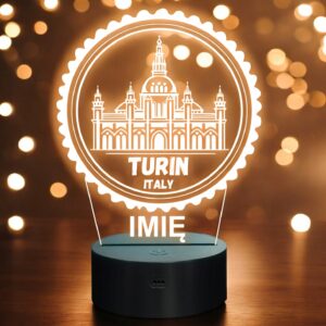 Lampka Nocna LED Statuetka Podróże Miasto Turin Włochy na Prezent Grawer v.2