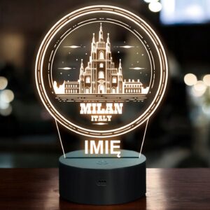 Lampka Nocna LED Statuetka Podróże Milan Mediolan Włochy na Prezent Grawer