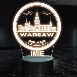 Lampka Nocna LED Statuetka Podróże Miasto Warszawa Polska na Prezent Grawer