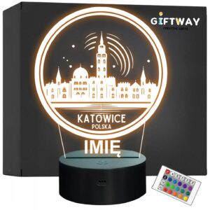 Lampka Nocna LED Statuetka Podróże Miasto Katowice Polska Prezent Grawer v.2