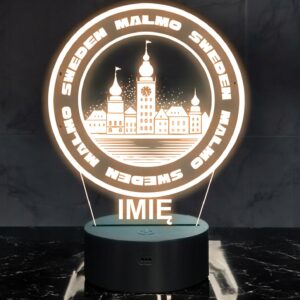 Lampka Nocna LED Statuetka Podróże Miasto Malmo Szwecja na Prezent Grawer
