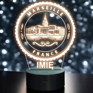 Lampka Nocna LED Statuetka Miasto Marseille Marsylia Francja Prezent Grawer
