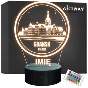 Lampka Nocna LED Statuetka Podróże Miasto Gdańsk Polska na Prezent Grawer