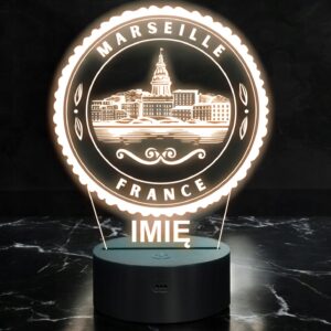 Lampka Nocna LED Statuetka Miasto Marseille Marsylia Francja Prezent Grawer