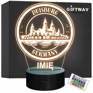 Lampka Nocna LED Statuetka Podróże Miasto Duisburg Niemcy na Prezent Grawer
