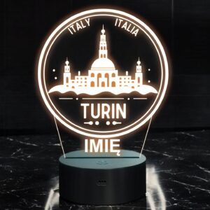 Lampka Nocna LED Statuetka Podróże Miasto Turin Włochy na Prezent Grawer