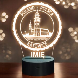 Lampka Nocna LED Statuetka Podróże Miasto Katowice Polska na Prezent Grawer