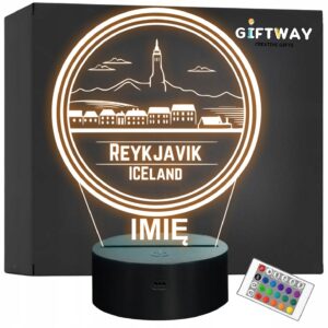Lampka Nocna LED Statuetka Podróże Miasto Reykjavík Islandia Prezent Grawer