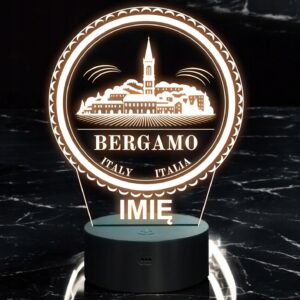 Lampka Nocna LED Statuetka Miasto Podróże Bergamo Włochy na Prezent Grawer