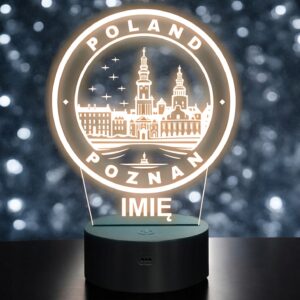 Lampka Nocna LED Statuetka Podróże Miasto Poznań Polska na Prezent Grawer