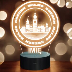 Lampka Nocna LED Statuetka Podróże Miasto Malmo Szwecja na Prezent Grawer
