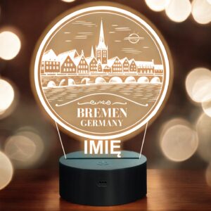 Lampka Nocna LED Statuetka Podróże Miasto Bremen Niemcy na Prezent Grawer