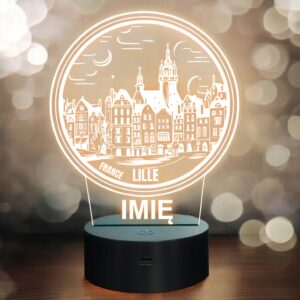 Lampka Nocna LED Statuetka Podróże Miasto Lille Francja na Prezent Grawer v.2