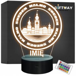 Lampka Nocna LED Statuetka Podróże Miasto Malmo Szwecja na Prezent Grawer