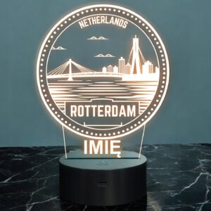Lampka Nocna LED Statuetka Podróże Miasto Rotterdam Holandia Prezent Grawer