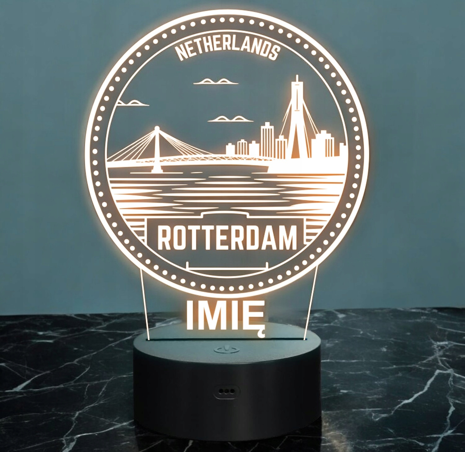 Lampka Nocna LED Statuetka Podróże Miasto Rotterdam Holandia Prezent Grawer Lampka Nocna LED Statuetka Podróże Miasto Rotterdam Holandia Prezent Grawer