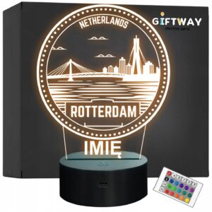 Lampka Nocna LED Statuetka Podróże Miasto Rotterdam Holandia Prezent Grawer