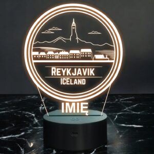 Lampka Nocna LED Statuetka Podróże Miasto Reykjavík Islandia Prezent Grawer