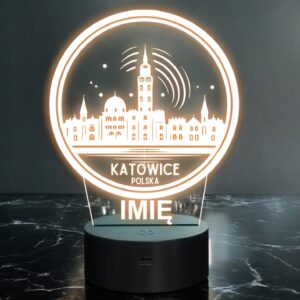 Lampka Nocna LED Statuetka Podróże Miasto Katowice Polska Prezent Grawer v.2