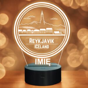 Lampka Nocna LED Statuetka Podróże Miasto Reykjavík Islandia Prezent Grawer