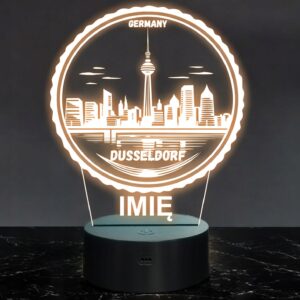 Lampka Nocna LED Statuetka Podróże Miasto Düsseldorf Niemcy Prezent Grawer