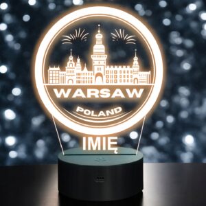 Lampka Nocna LED Statuetka Podróże Miasto Warszawa Polska na Prezent Grawer