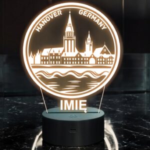 Lampka Nocna LED Statuetka Podróże Miasto Hanover Niemcy na Prezent Grawer