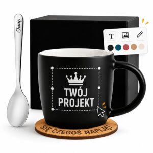 Kubek Personalizowany z Imieniem Czarny + Łyżeczka i Podkładka