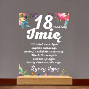 Akrylowa Statuetka z Okazji 18 Urodzin Personalizowana na Prezent Kwiaty