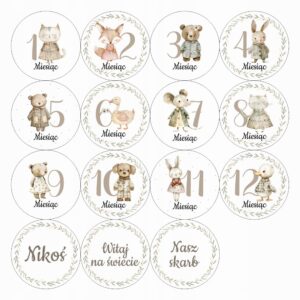 Drewniane Tabliczki Miesiące do Zdjęć Dziecka Pierwszy Rok Zwierzaki Nadruk