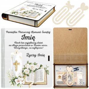 Pudełko na Pieniądze na Komunię Komunia Drewniane Koperta Prezent Imię v.1