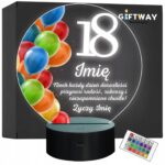Lampka Nocna LED Statuetka 18 Osiemnastka Urodziny Balony na Prezent Grawer