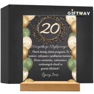 Akrylowa Statuetka z Okazji 20 Urodzin Dwudziestka Życzenia Kwiaty Prezent