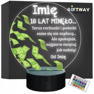 Lampka Nocna LED Statuetka 18 Osiemnastka Urodziny Dolary na Prezent Grawer
