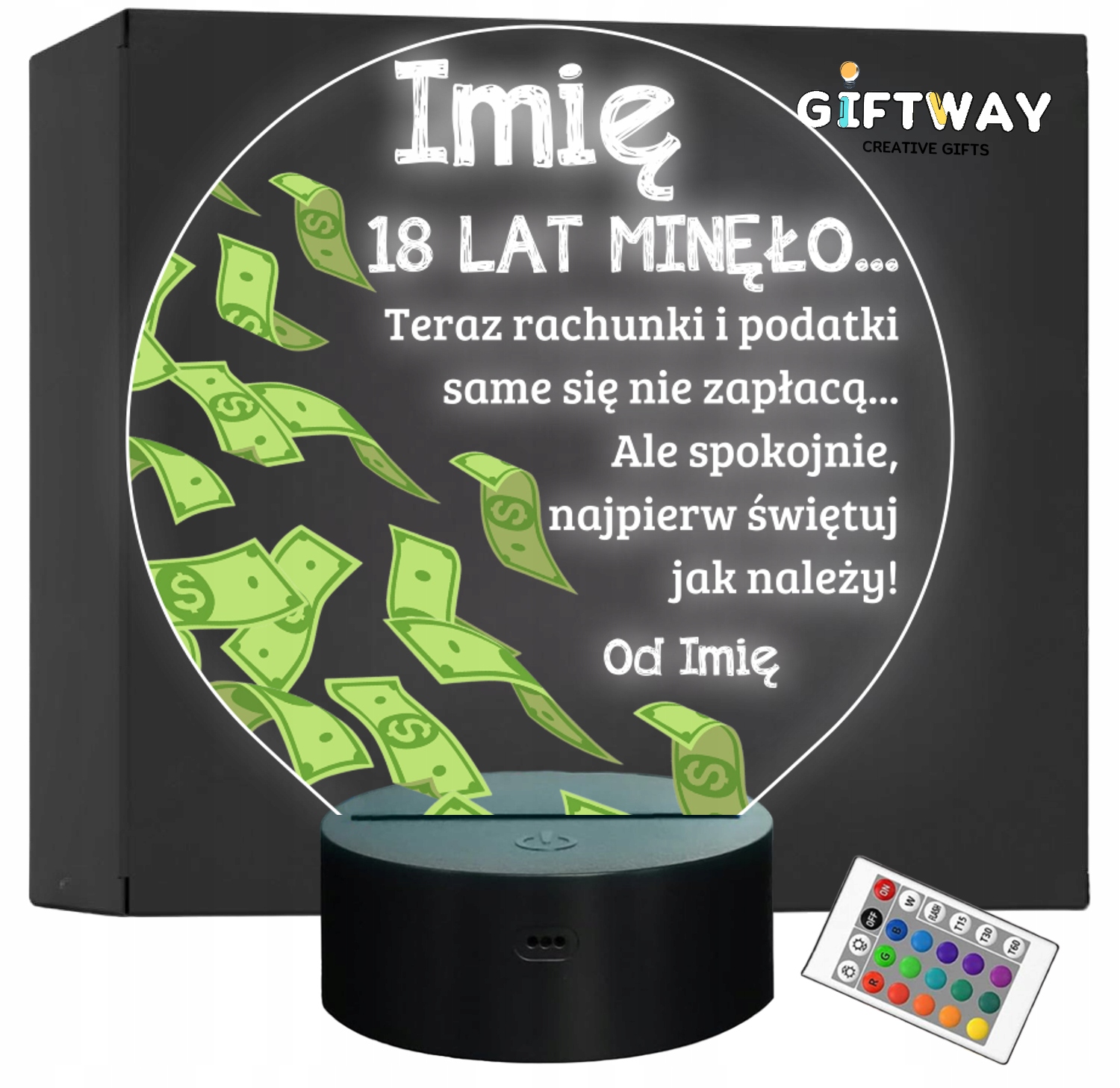 Lampka Nocna LED Statuetka 18 Osiemnastka Urodziny Dolary na Prezent Grawer Lampka Nocna LED Statuetka 18 Osiemnastka Urodziny Dolary na Prezent Grawer